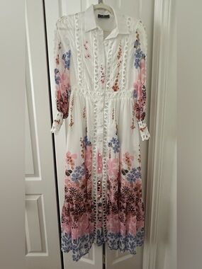 White Floral Maxi Shirt Dress with Lace Trim
